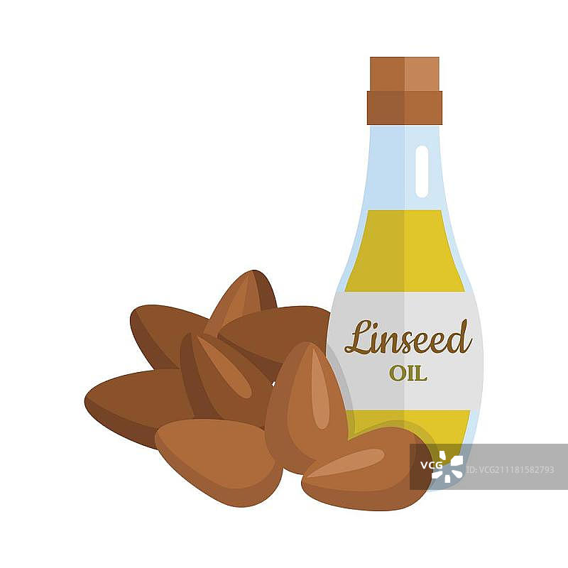 扁平设计中的亚麻籽油矢量插图。亚麻籽油和亚麻籽矢量图。扁平设计。健康食品、饮食和化妆品。调味料。烹饪成分，蛋白质、维生素、脂肪酸的来源。隔离在白色背景上。扁平设计中的亚麻籽油矢量插图。图片素材