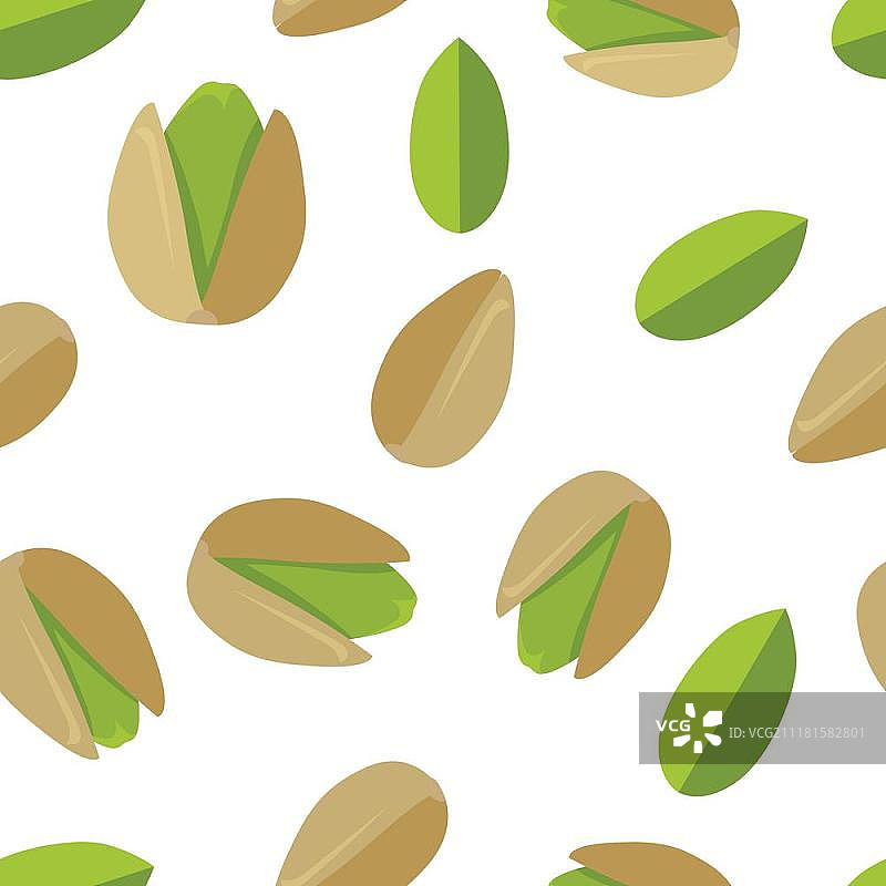 扁平风格的开心果无缝图案矢量图。传统小吃。健康食品。用于壁纸、印刷、纺织品、网页设计、表面纹理的坚果装饰。图片素材