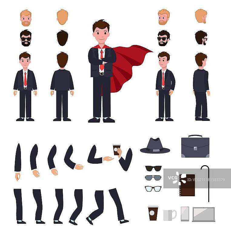 穿披风的西装男士角色创建套装：不同面部、各种人物视角、弯曲的手、腿、帽子、手杖、眼镜、杯子、笔记本，构建您自己的设计，简约卡通风格矢量图片素材