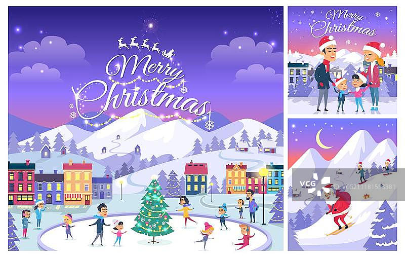 圣诞快乐，节日人物剪贴画和圣诞贺卡设计图片素材