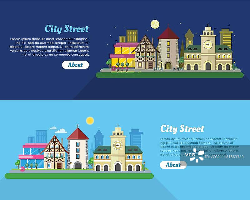 日夜城市街道banner：中世纪欧洲市政厅、石塔、木构架房屋、现代建筑、摩天大楼扁平矢量素材。历史街区，适用于旅行社、旅游景点网页。图片素材