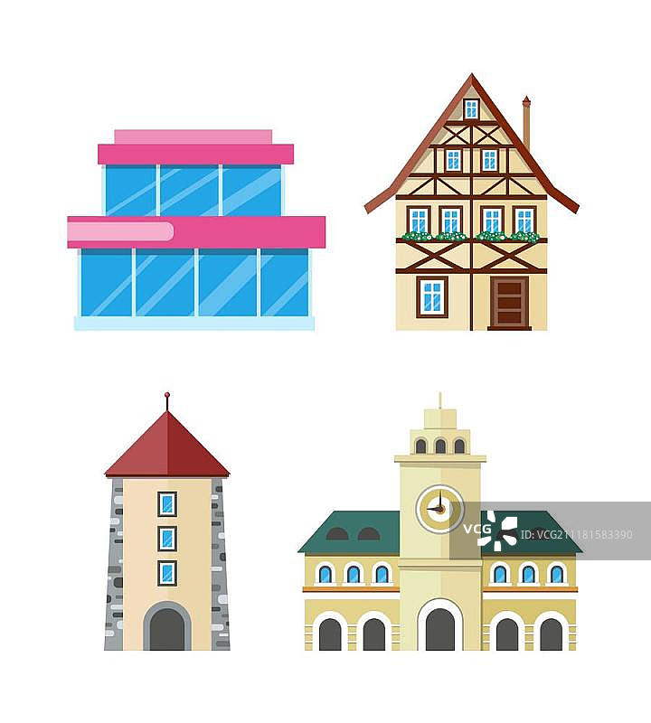 新旧建筑组合：玻璃结构、半木结构房屋、带拱门的石塔、带时钟的市政厅扁平矢量图图片素材
