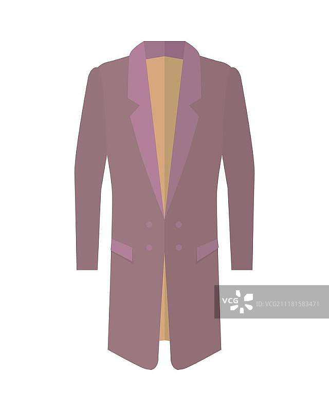 带有翻领图标的长款外套，经典风格的男士日常服装扁平矢量图，适用于服装店广告、时尚概念、APP按钮、网页设计图片素材