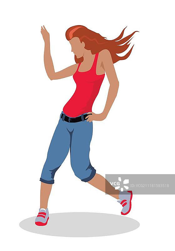 街舞者矢量插画：穿着短裤、衬衫和运动鞋的红发女孩跳舞图片素材