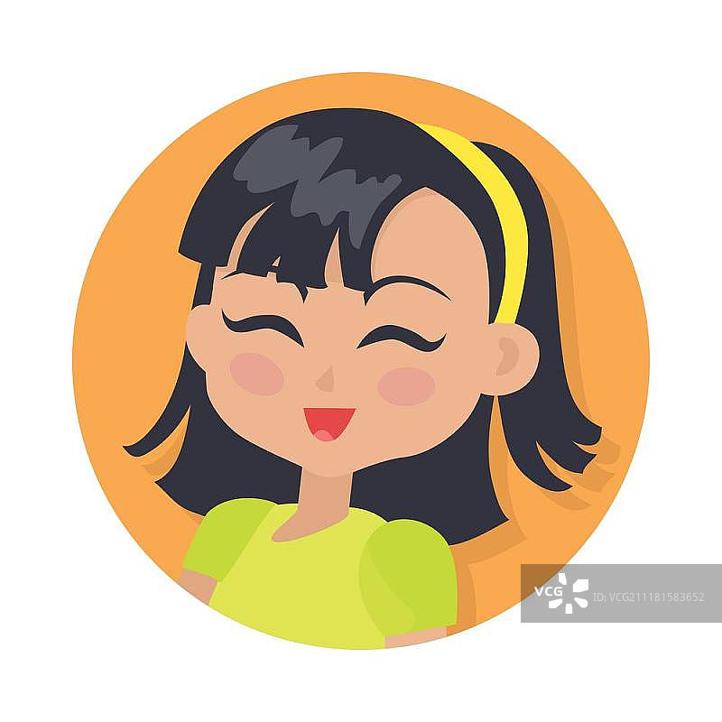 有着黑色波波头和刘海的微笑女孩头像用户图，穿着亮色衬衫的漂亮女性肖像，闭着眼睛的卡通风格正面矢量插画图片素材
