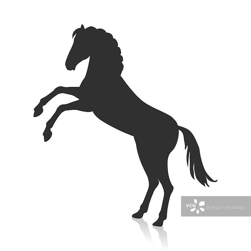 扁平化设计的灰色马插画。后腿站立的马矢量标志。扁平设计。家畜。乡村居民。用于农业、畜牧业、马术运动的图例。农业物种。白色背景上的黑色孤立图片素材