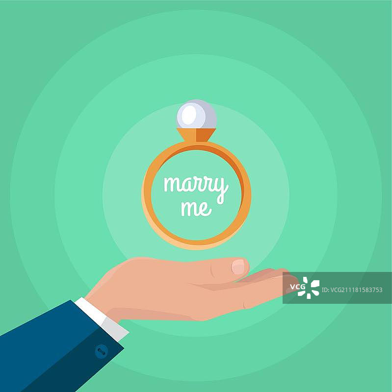 男子用订婚戒指求婚，手上的结婚戒指图标，镶嵌白色宝石的奢华钻石戒指，珠宝概念矢量图图片素材