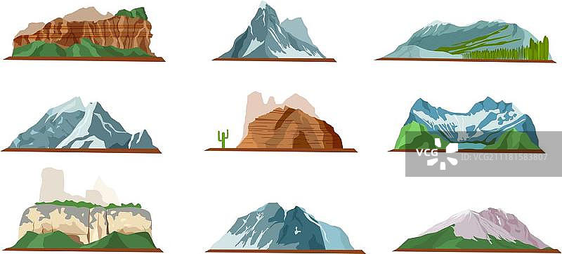 山峰图标合集：多种山丘，自然山峰轮廓元素，户外山顶图标，树木湖泊露营登山景观矢量素材图片素材