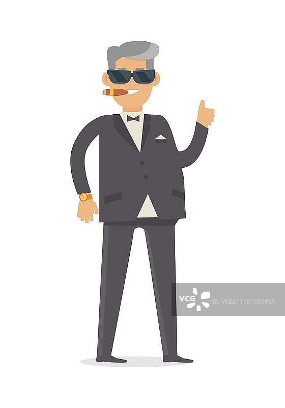 身穿昂贵西装的富有男人，白色背景矢量图。英俊的男人穿着时尚的衣服。戴眼镜和豪华手表的的中年男子抽着烟。可爱的卡通人物。矢量插图图片素材