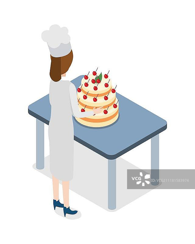 餐厅：糕点师站在大蛋糕旁边的扁平风格矢量设计图片素材