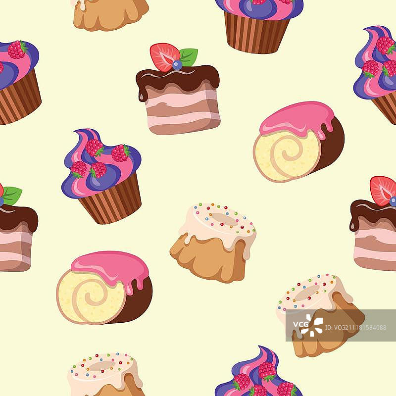 纸杯蛋糕巧克力瑞士卷无缝图案。纸杯蛋糕、圆形蛋糕、流淌着巧克力奶油的蛋糕、巧克力瑞士卷无缝图案。美味糖果的无尽纹理。美味面包店。扁平风格设计矢量插图图片素材