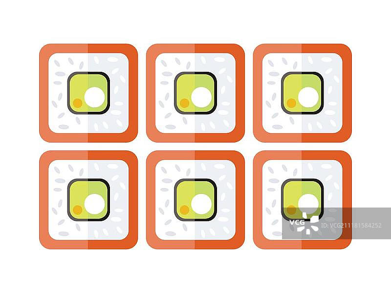 寿司扁平风插画：日式料理、米饭三文鱼美食矢量素材，适用餐厅、咖啡馆和酒吧菜单，以及网页设计。图片素材