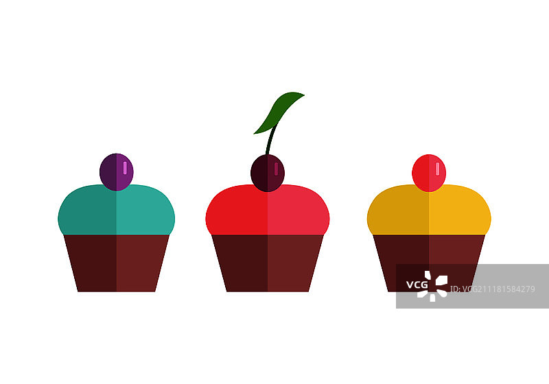 彩色蛋糕矢量插画。扁平设计。家庭烘焙。三个美味的甜面包上覆盖着焦糖浆果。面包店、糖果店、咖啡馆广告、菜单、App象形图的图标。精美蛋糕矢量插画。图片素材