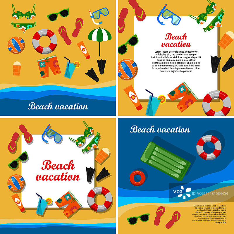 扁平风格设计的海滩度假矢量概念。带有文字位置的海滩度假矢量概念。海滨休闲。海岸线与夏季休息和娱乐的沙滩用品。适用于旅行公司广告、度假概念、网页设计图片素材