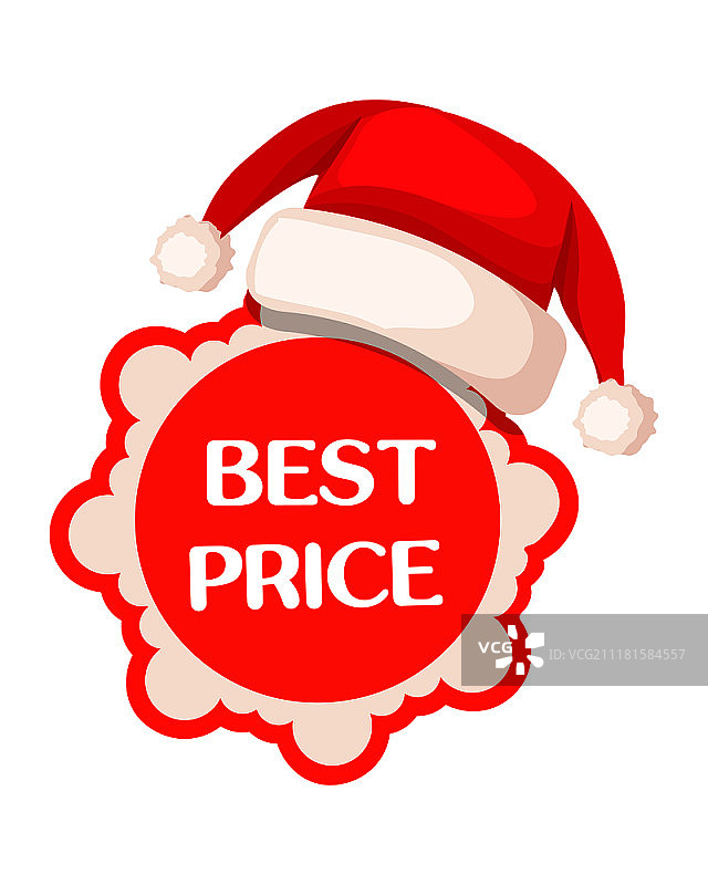 红色圆形最优惠价格标签和圣诞帽，季节性商店折扣矢量图图片素材