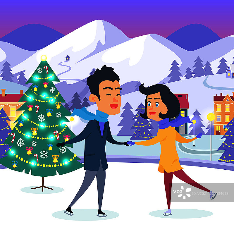 幸福的年轻夫妇在城市溜冰场上牵手，靠近装饰好的圣诞树。扁平设计矢量插图，庆祝新年，在城市户外度过圣诞冬季假期。幸福的夫妇在城市溜冰场上牵手图片素材