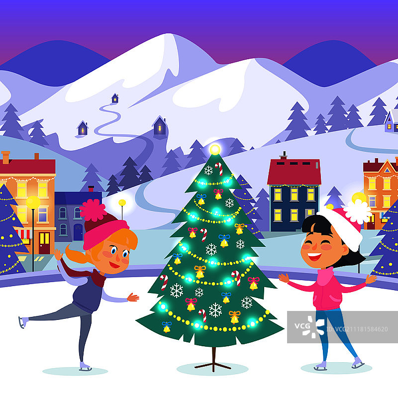 溜冰场上圣诞树旁的微笑小女孩们，庆祝新年图片素材