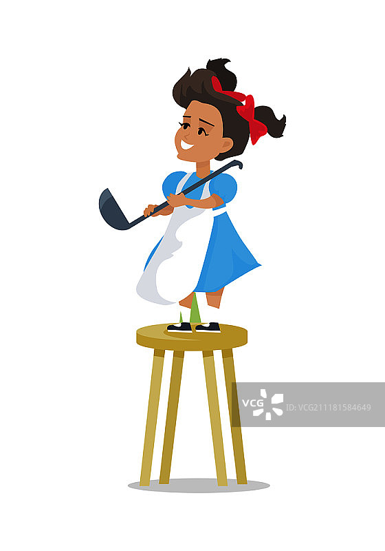 手持汤勺站在厨房无靠背凳子上的小女孩矢量图图片素材