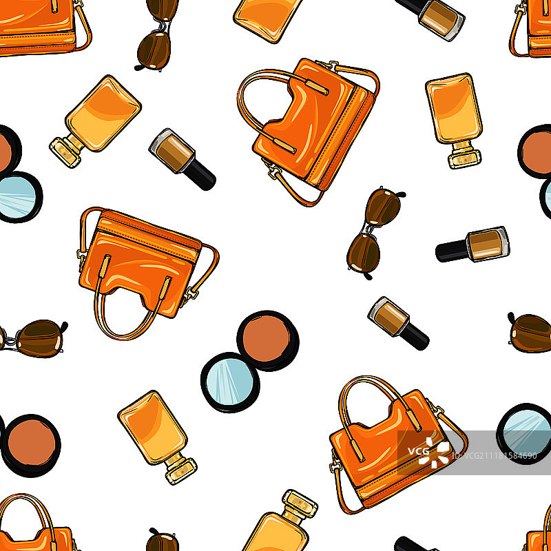 女性配饰图案（黄色漆皮钱包、米色指甲油、带镜子粉饼、太阳镜、香水）图片素材