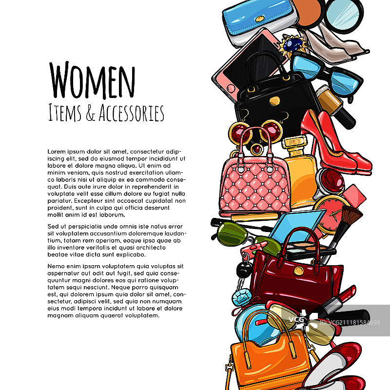 女士用品和配饰网页banner：色彩鲜艳的物品，化妆品、香水、口红、睫毛膏、钱包、手提包、高跟鞋、眼影刷、手表、太阳镜，添加文字矢量素材图片素材