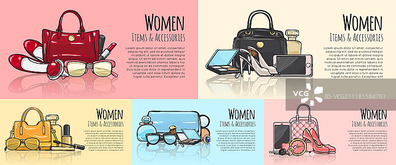 女士物品与配饰插画集：钱包、手机、高跟鞋、腕表、车钥匙、睫毛膏、香水、眼影等时尚女性用品矢量卡通风格图片图片素材