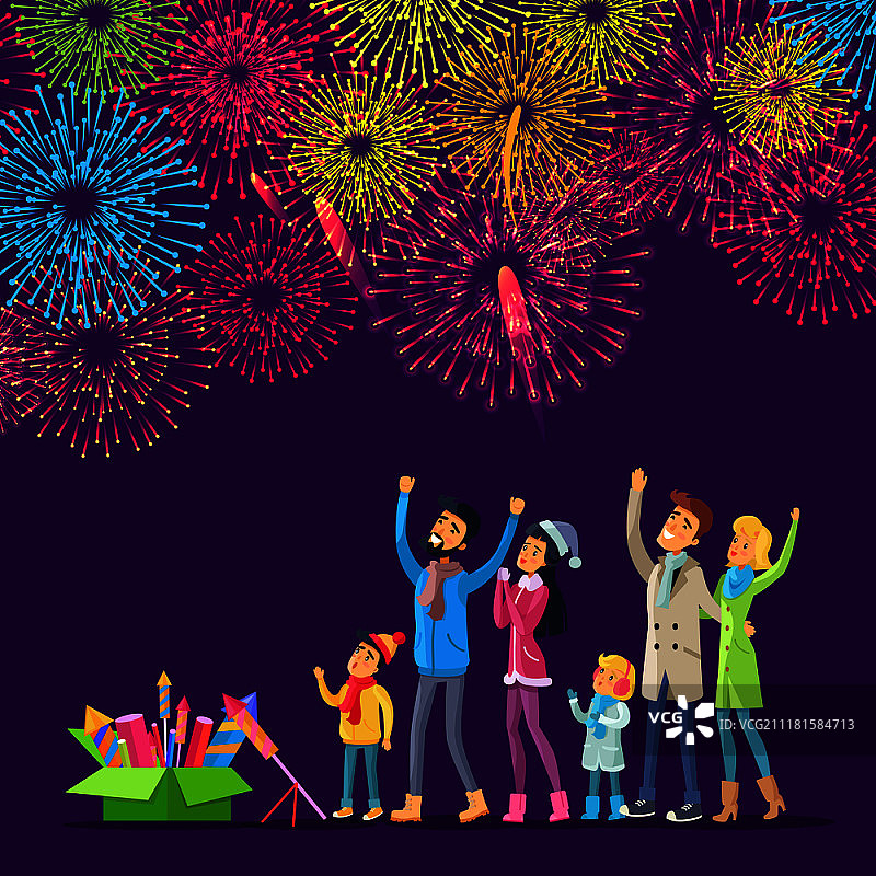 成年人和儿童观看天空中绚丽的烟花，以及附近的烟火绿色盒子。人们用烟花庆祝新年的矢量图，节日庆典。烟花。成年人和儿童观看敬礼图片素材