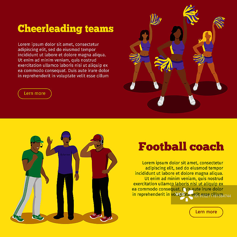 啦啦队和足球教练网页横幅：啦啦队女孩用绒球在比赛中支持足球队。足球裁判穿着制服，对着麦克风讲话。图片素材