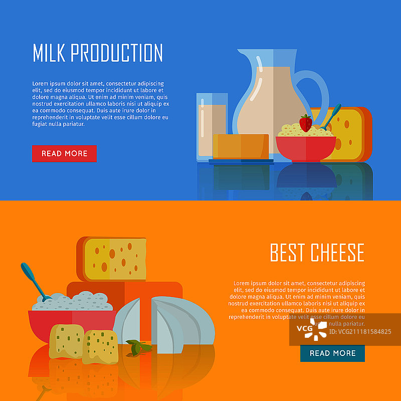 牛奶生产及奶酪概念banner：传统乳制品，适用于农场、商店、咖啡馆、饮食及食品配送APP、印刷品、logo、网页设计图片素材