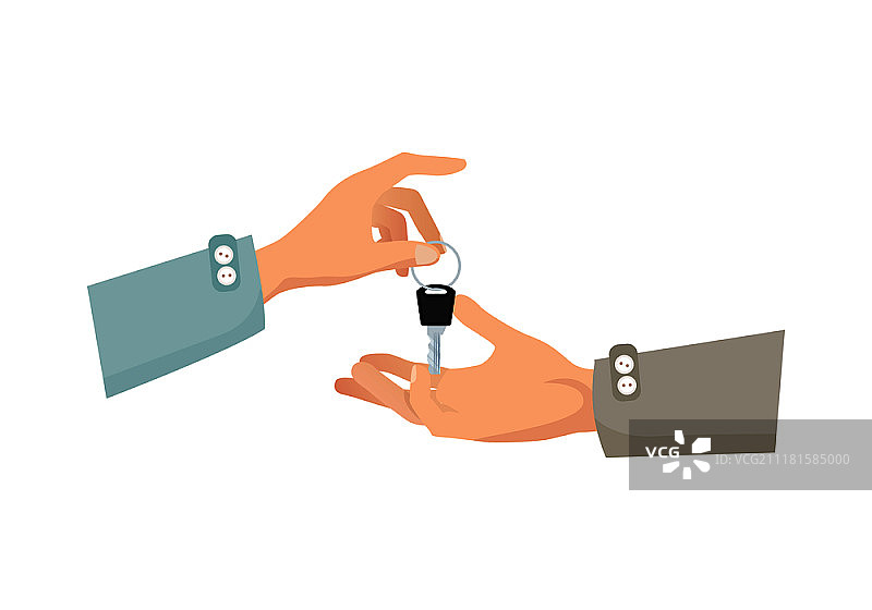 一只手递给另一只钥匙，卡通风格的房屋买卖租赁过程矢量图图片素材