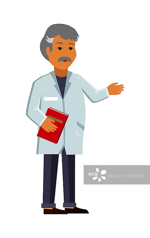医生或科学家角色图标。穿着白大褂，手拿笔记本的男人，白色背景平板矢量图。治疗师或实验室助理。用于医疗、保健、科学概念。穿白大褂的医生或科学家平板矢量图图片素材
