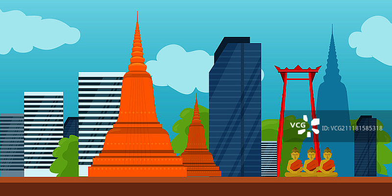 曼谷地标剪影：郑王庙、巨型秋千与摩天大楼图片素材