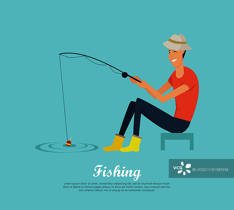 钓鱼概念矢量banner：戴帽子和橡胶靴的微笑男人坐在河边手持钓竿。水边娱乐。适用于钓鱼俱乐部、旅游公司广告的扁平化设计矢量横幅图片素材
