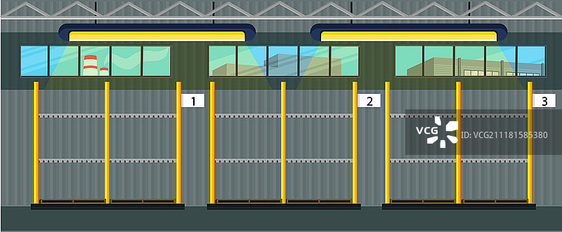 仓库内部的空托盘。带有个人号码的货物架。物流和工厂。商业交付。等待货物运送到存储区。矢量图。仓库内部的空托盘。等待货物图片素材