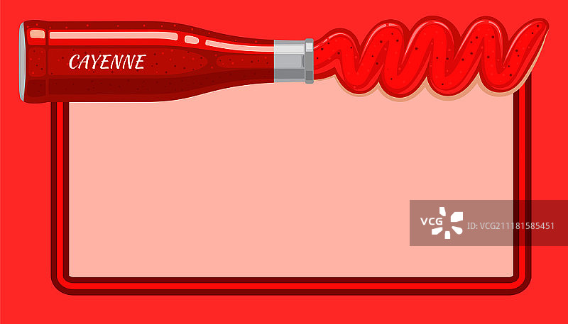 从躺着的瓶子中倒出的红色卡宴辣椒酱，图片顶部有浅色书写位置。基于醋的红色辛辣调味品矢量图，用于制作辛辣可口的餐点。从躺着的瓶子中倒出的红色卡宴辣椒酱图片素材