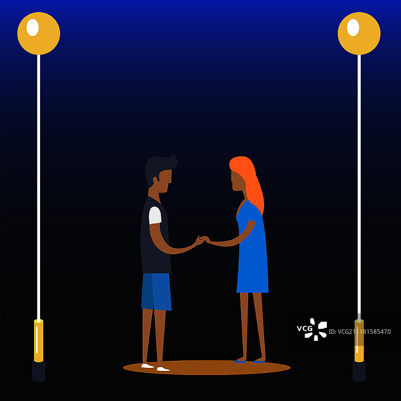 年轻情侣傍晚在路灯下手牵手，卡通矢量插画图片素材