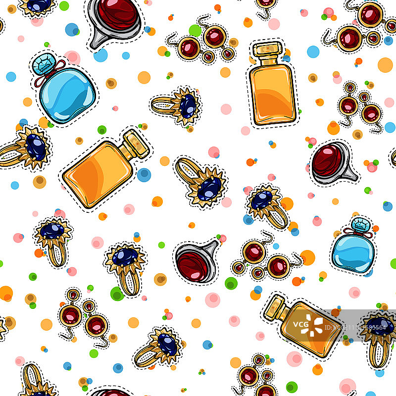 女士珠宝：高级香水无缝图案，金色镶红宝石耳环，银色镶红宝石戒指，金色镶蓝宝石戒指，卡通风格矢量装饰图片素材