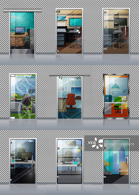 格子墙上的透明门，可看到书房物品。玻璃门和椅子、桌子、电脑、沙发、窗户和其他办公设备矢量海报，透过门可见。带有书房物品景色的透明门套图片素材