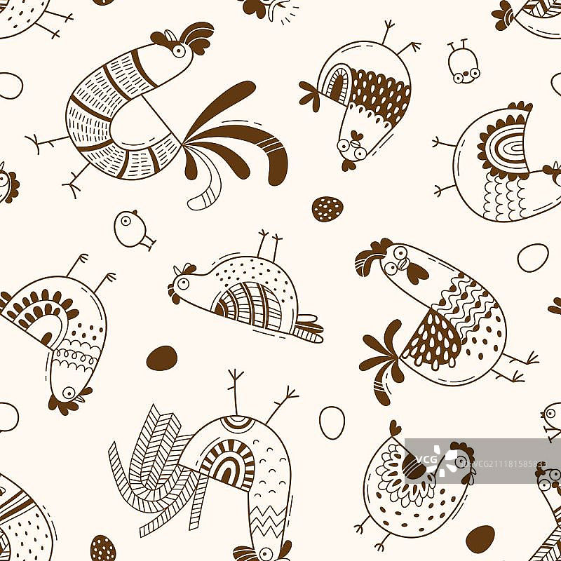 卡通风格的鸡、公鸡、鸡蛋无缝图案，线条艺术，适用于设计封面产品包装、广告banner、卡片图片素材
