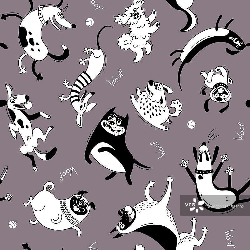 玩耍的狗的无缝图案：有趣的哈巴狗和其他品种矢量背景设计图片素材