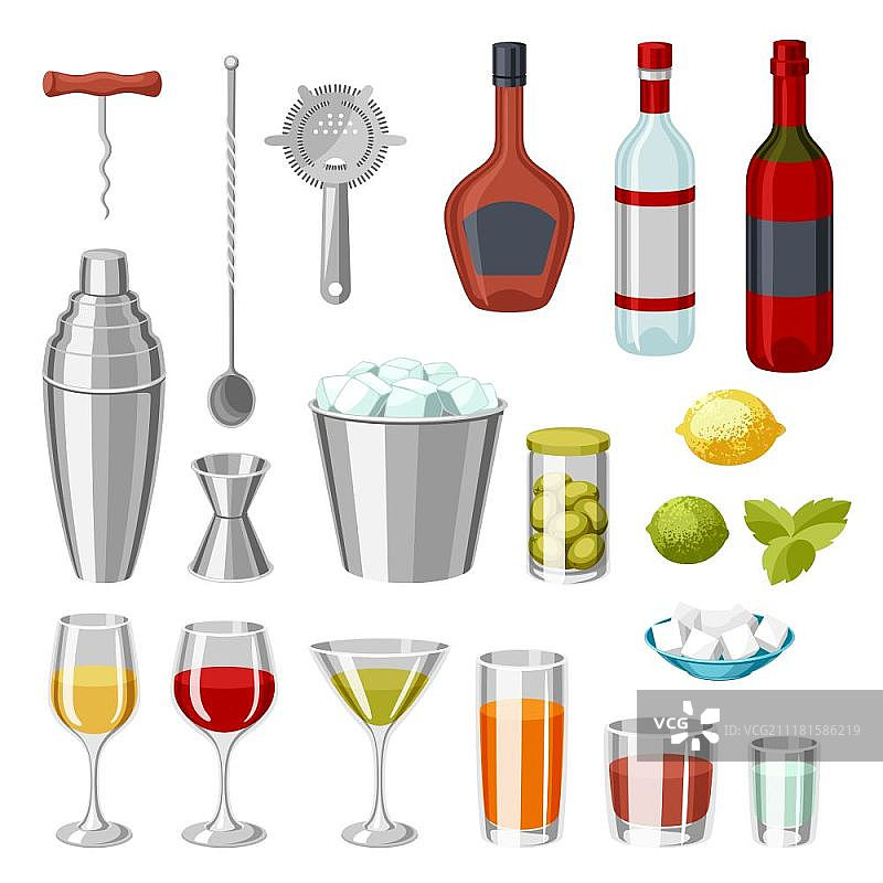 鸡尾酒吧套装：必备工具、玻璃器皿、调酒器和装饰品图片素材