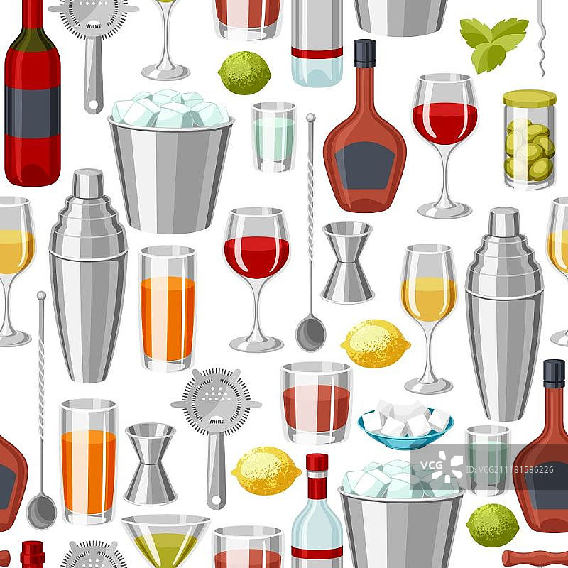 鸡尾酒吧无缝图案：必备工具、玻璃器皿、调酒器和装饰品图片素材