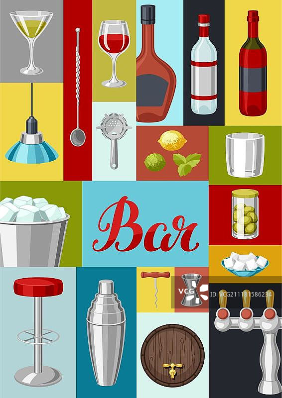 鸡尾酒吧背景：必备工具、玻璃器皿、调酒器和装饰品图片素材