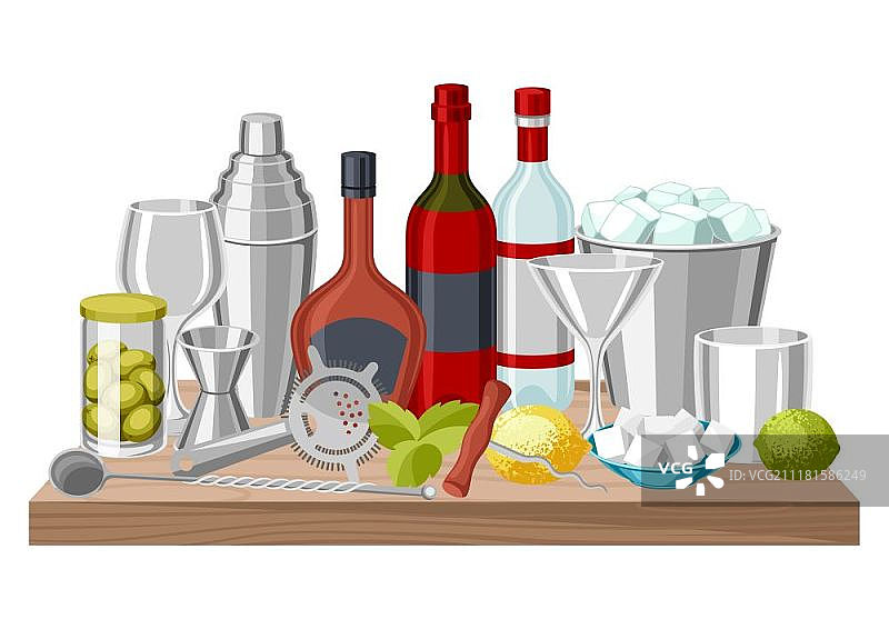 鸡尾酒吧背景：必备工具、玻璃器皿、调酒器和装饰品图片素材