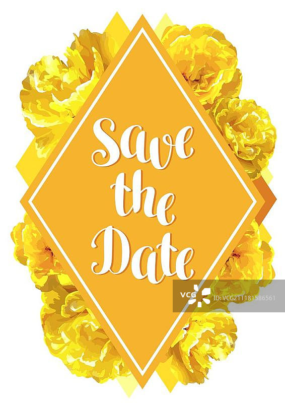 黄色蓬松郁金香婚礼日期卡片，逼真花朵花苞图片素材