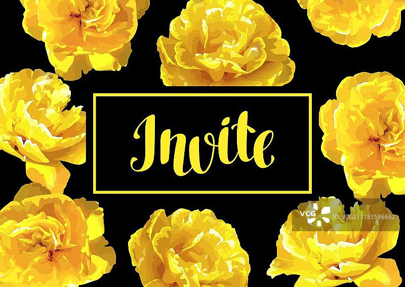蓬松的黄色郁金香邀请卡设计。逼真的美丽花朵和花蕾图片素材