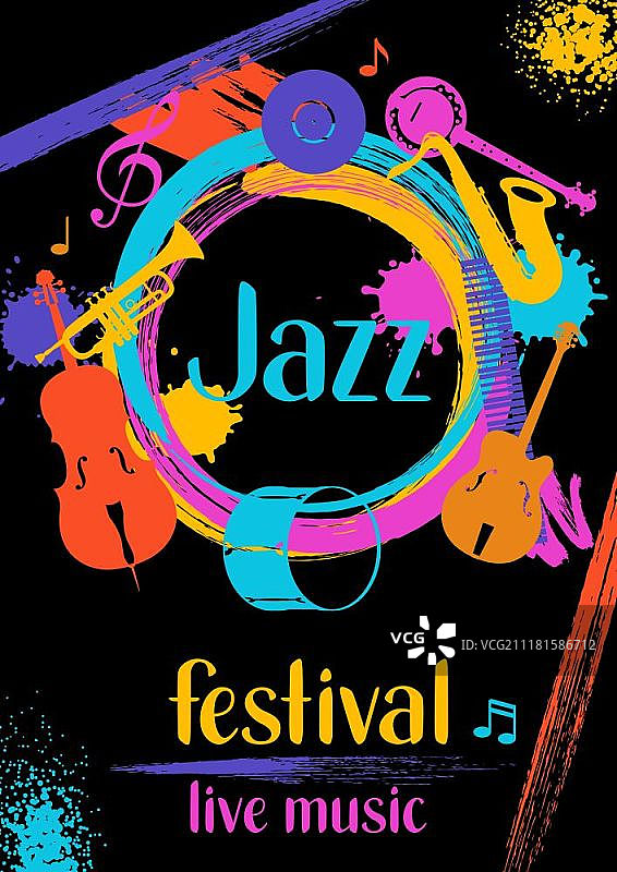 具有乐器的爵士音乐节现场音乐复古海报图片素材