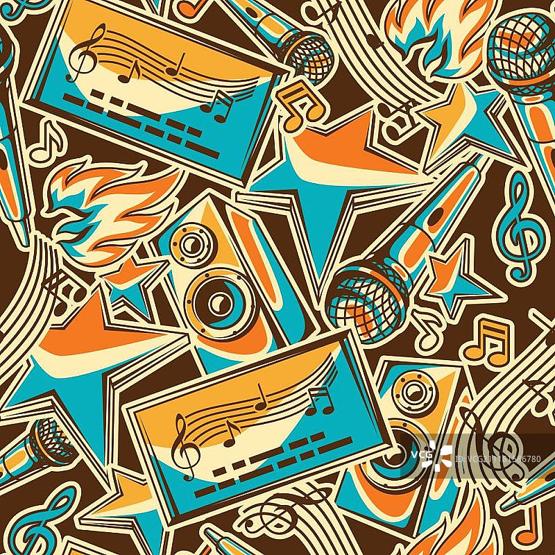 卡拉OK派对无缝图案：音乐活动背景，复古风格插画图片素材