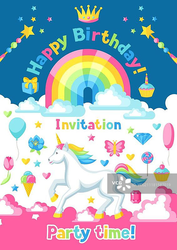 独角兽梦幻生日派对邀请函图片素材