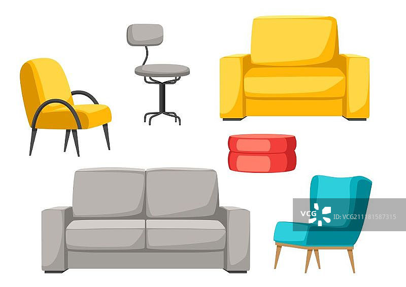 室内家具套装：沙发扶手椅和蒲团图片素材