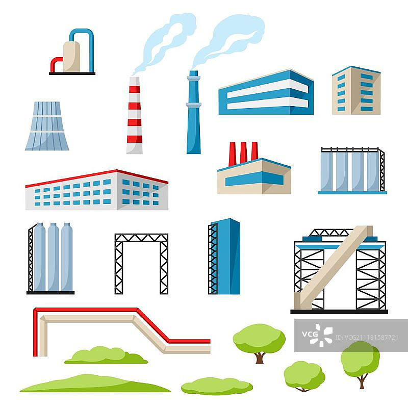 工业厂房对象合集：扁平风格的制造建筑插图图片素材